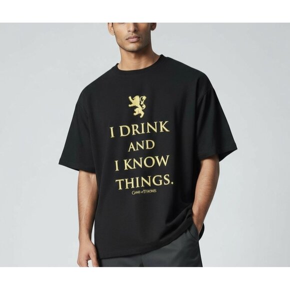 Game Of Thrones T-Shirt Size L Black Graphic Tee "I Drink And I Know Things" - Picture 1 of 8